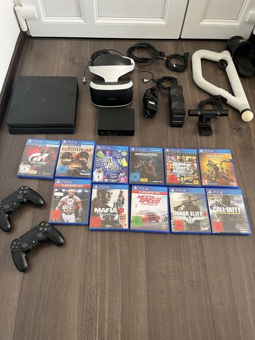 PlayStation 4 Slim 1TB + PS VR + 2 controllere + 11 jocuri – Pachet complet
