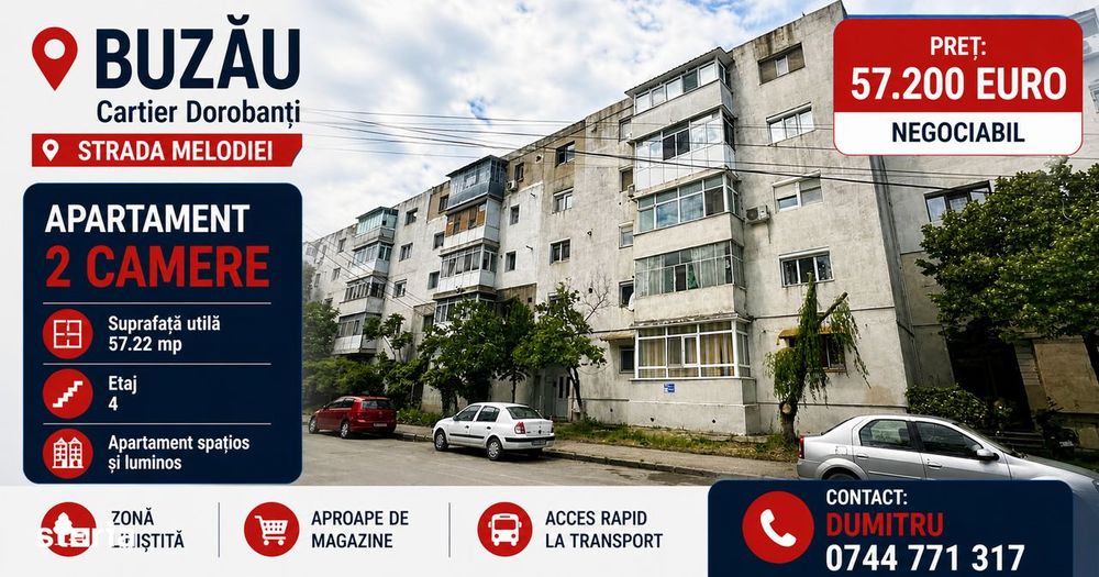 Buzau - cartier Dorobanti, Apartament cu 2 camere - 57.22 mp - etaj 4