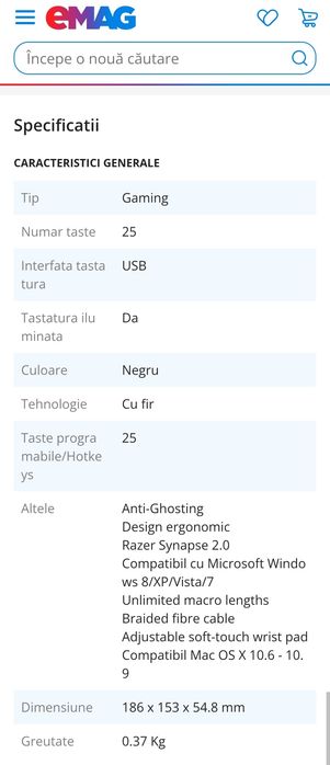 Tastatura Gaming Razer Tartarus, Negru.