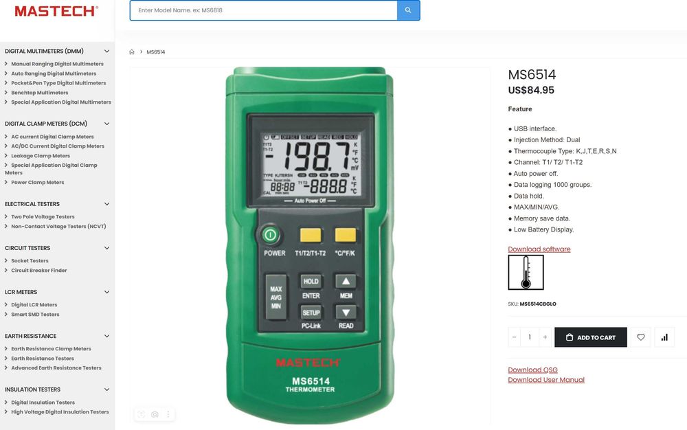 MASTECH MS6514 двуканален цифров температурен рекордер + термодвойка