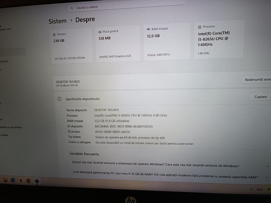 Laptop HP Probook 450 G6, I5-8265U, 12Gb ram, 256Gb Intel NVME