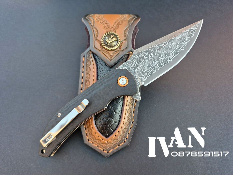Сгъваем нож от дамаска стомана с кожена кания