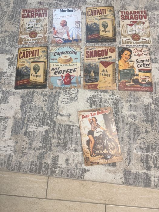 Set 9 plăcuțe metalice decorative – stil vintage/retro