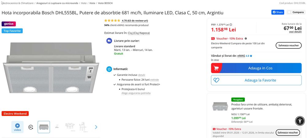 Vand Hota incorporabila Bosch DHL555BL, Noua, Garantie 2 ani