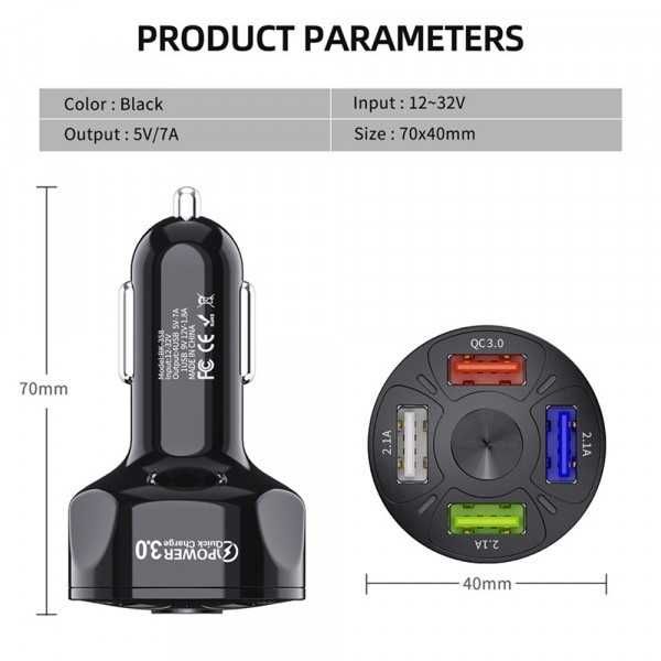 Универсално USB зарядно за кола с 4 порта 12V-24V Quick Charge 3
