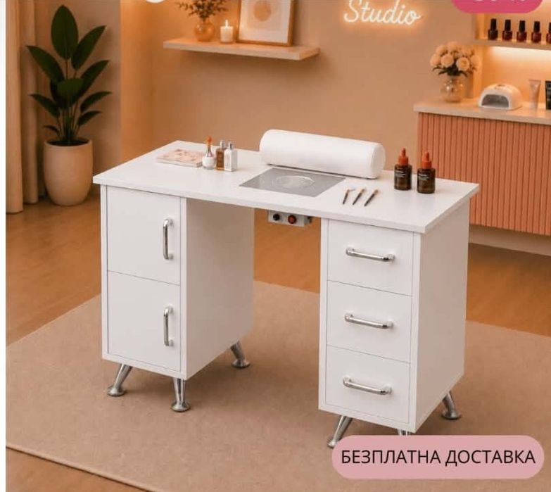Професионална маса за маникюр с прахоуловител Като ново 120 см бяло сребро