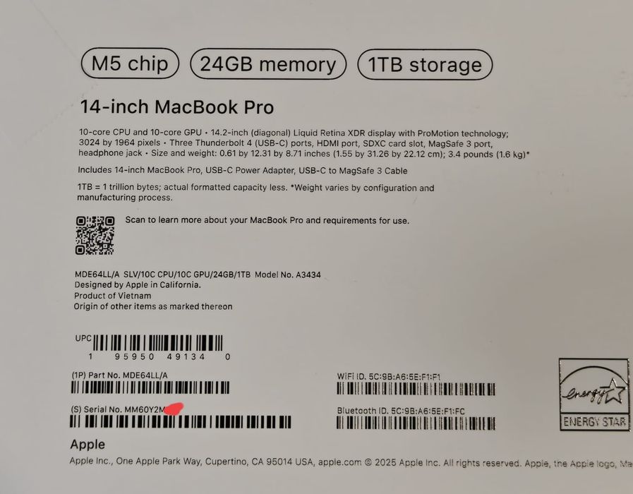 MacBook Pro 14 M5 24/1TB новый