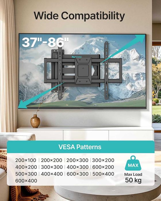 Pegzone поставка за телевизор/монитор (стенен монтаж), 37–86”, VESA до 600x400, удължена 975 мм, товар до 50 кг