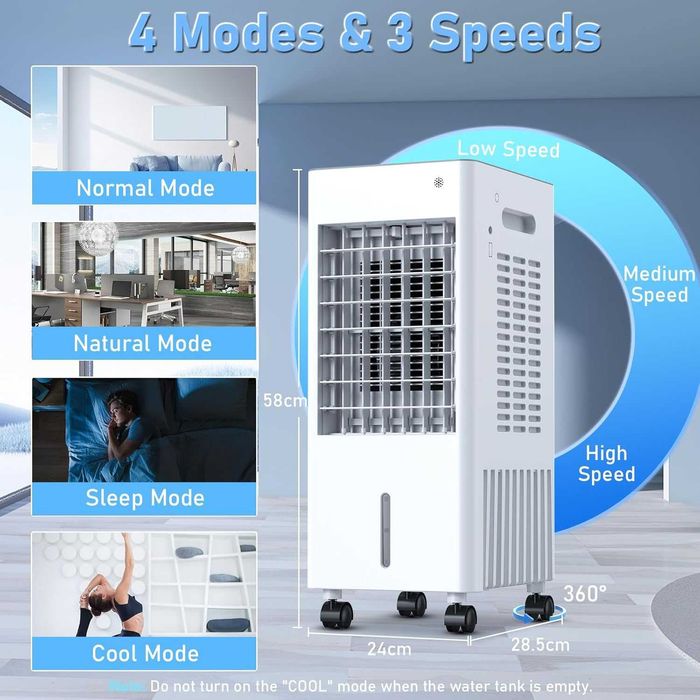 Aparat de Aer condiționat Mobil, Răcitor de aer 4 în 1--Ventilator cu Răcire cu Apă,  Răcitor prin Evaporare,  Rezervor de apă de 8 l, Telecomandă