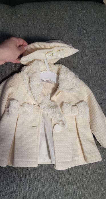 Palton crem cu caciula tip boneta fetite, 3- 6 luni