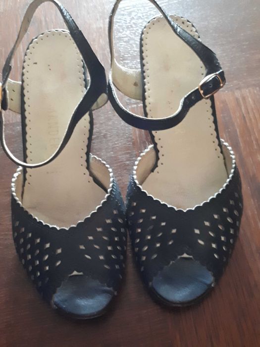 Sandale ajurate, bleumarin, din piele naturală cu toc de 5 cm