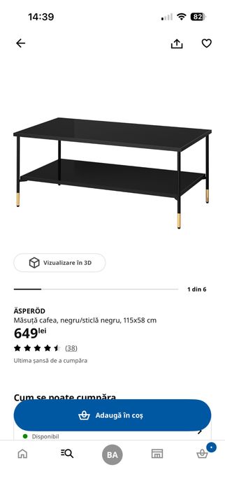 Masuta cafea neagra de sticla IKEA ASPEROD