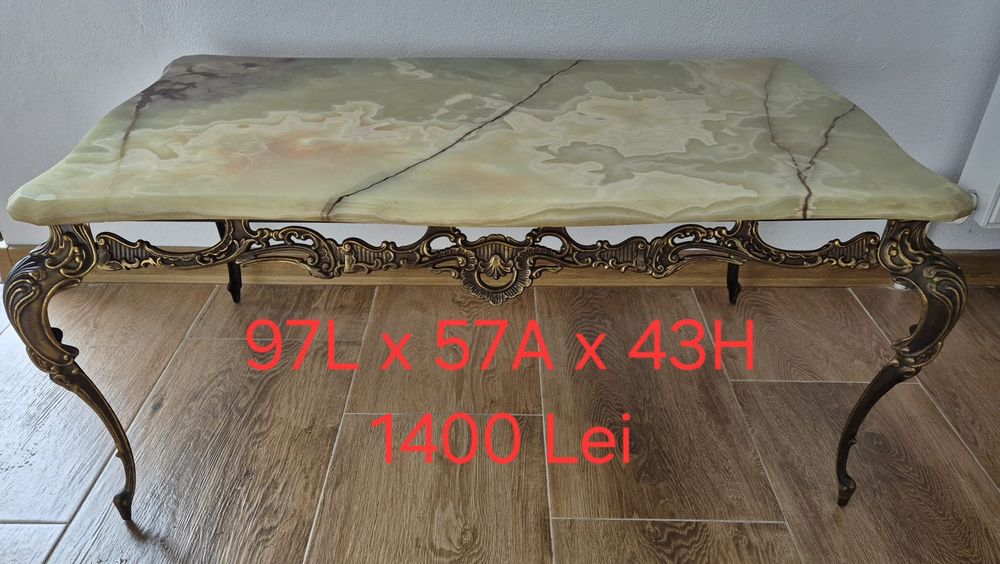 Măsuță cafea / Gheridon vintage din Lemn Masiv / Bronz / Marmura
