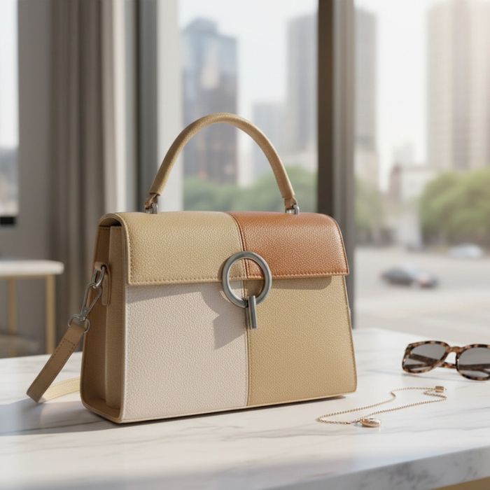 Многоцветна дамска чанта с метална тока и дълга дръжка