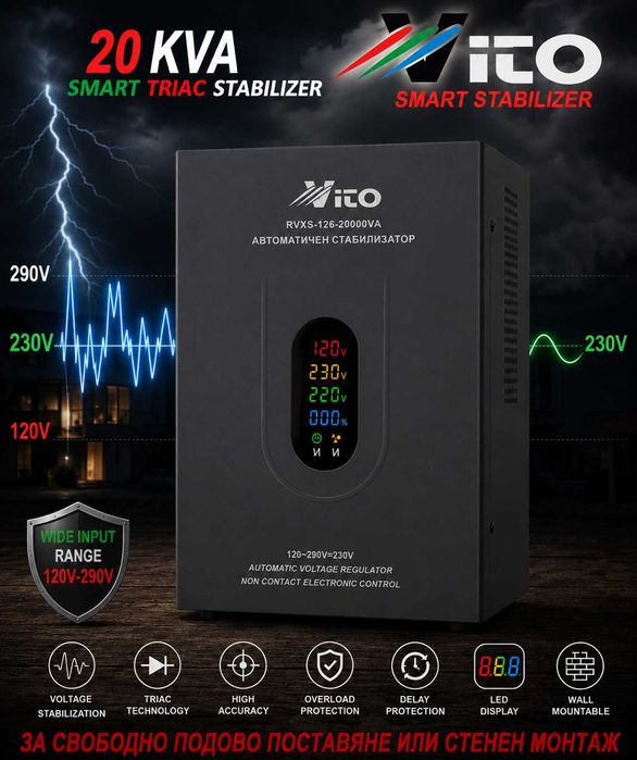 20 KVA ( 16KW ) МОНОФАЗНИ  НИСКОВОЛТАЖНИ Симисторни/TRIAC/ Стабилизатори на ток и напрежение в диапазон 120V-290V с Електронно управление, LED дисплей
