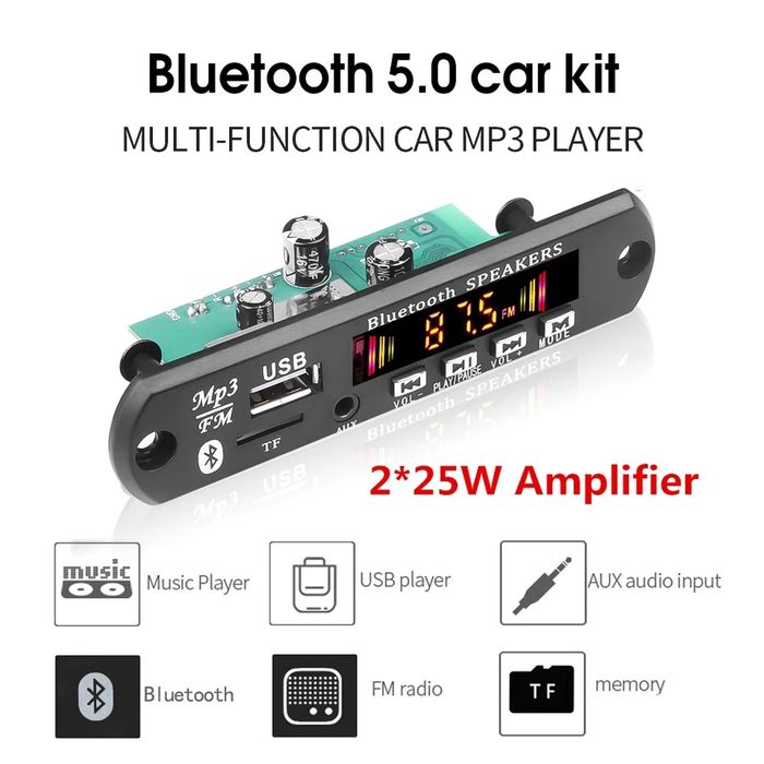MP3 плеър 2х25 W/6V-18V/ BT 5.0 модул за вграждане Sd card/USB/FM/AUX