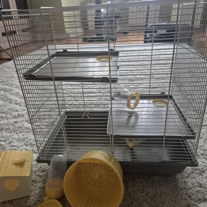 Cușcă hamsteri (3 niveluri) + Pachet complet accesorii, hrană și fân