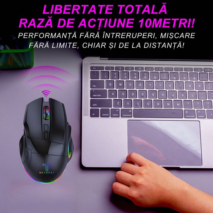 Mouse Gaming NETSTAT,2 Conexiuni BT + 2,4Ghz, RGB, Negru, Nou Sigilat.