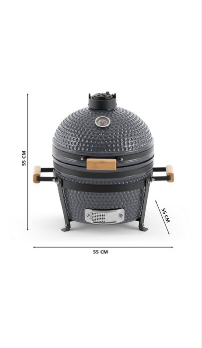 Gratar gradina cu carbuni, fix, din ceramica + inox, 55 x 55 cm, Landmann Kamado 572, cu capac, cu ceas de temperatura, 2 niveluri de gatit