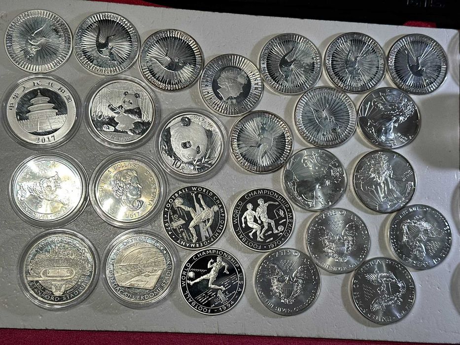 LOT 26 MONEDE ARGINT 999 - 1 Uncie - Dollar American, Dollar Canada, Australian Kangaroo, Yuan Chinese - Diverse - 808g - 13 lei/gr. !