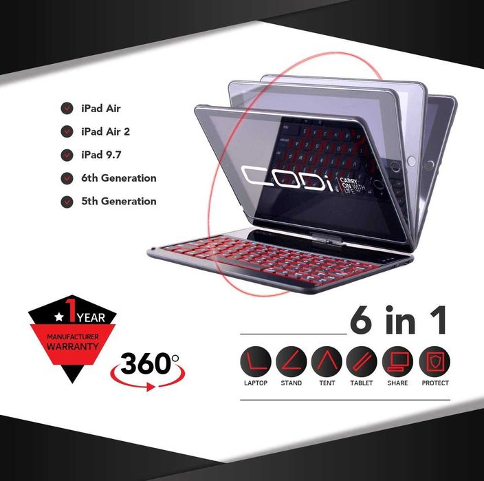 6 в 1 - 360 гр. въртящ се,Bluetooth кейс,Codi за iPad,9,7'',четете..