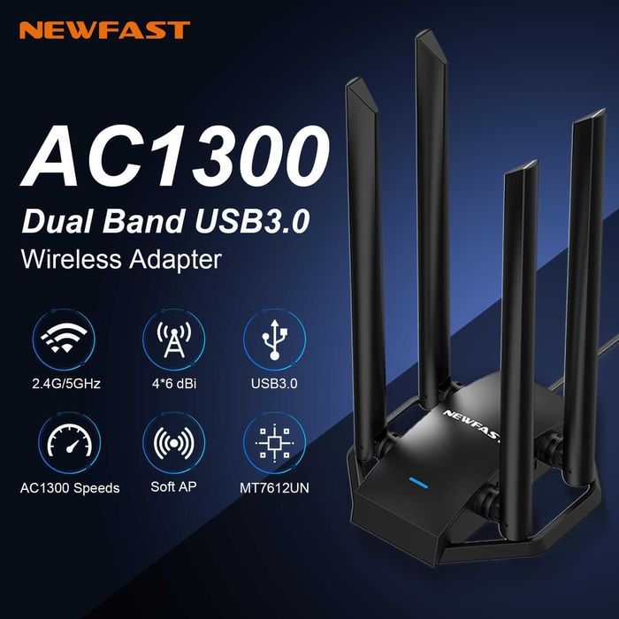 Adaptor WiFi USB NEWFAST AC1300 Mbps PC desktop NF-U329,2.4G/5G dongle