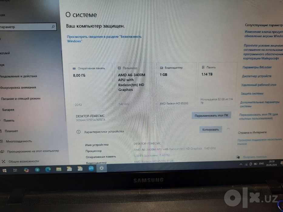 Samsung noutbuk sotiladi.
AMD A6-3400M, 8 GB RAM, 238 GB SSD + 932 GB