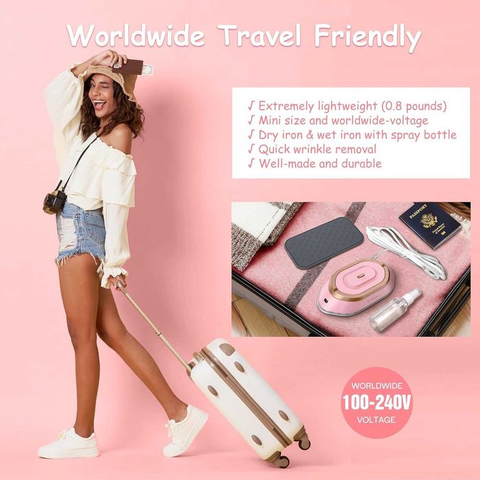 Мини ютия за път Newbealer - Двоен волтаж (работи в цял свят), Розова