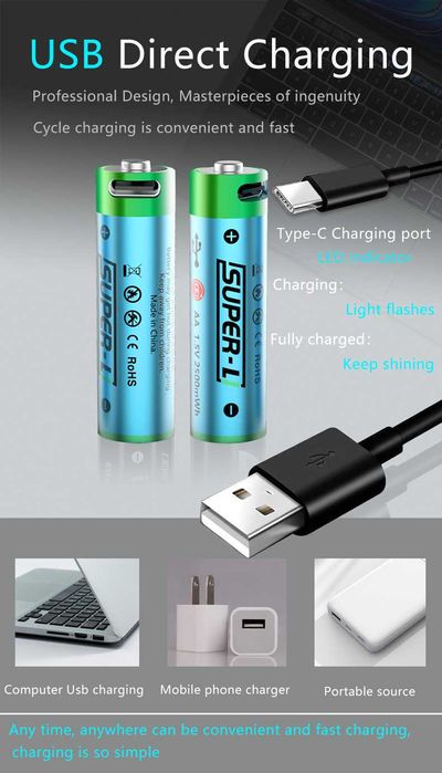 2 штук АА Li-ion батарейки 1.5V 2500 mWh USB с USB кабель (Super-L)