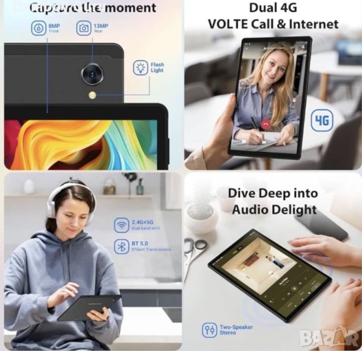 Таблет FLYCOAY 10.4" 2K, 4G LTE+5G WiFi, 36GB RAM+256GB ROMAndroid 14