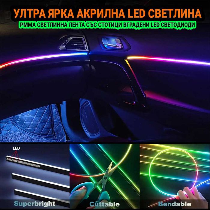 RAINBOW LED амбиентно осветление за автомобили с RGB 256 цвята, 2 в 1