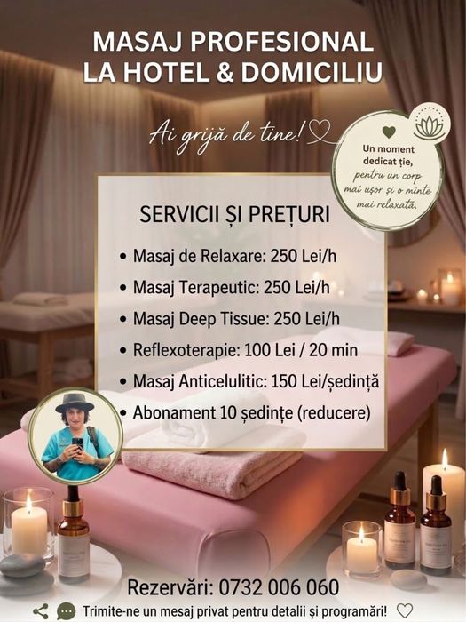Masaj profesional de relaxare , reflecxoterapie ,fizioterapie ,drenaj linfatic,  la domiciliu sau hotel.