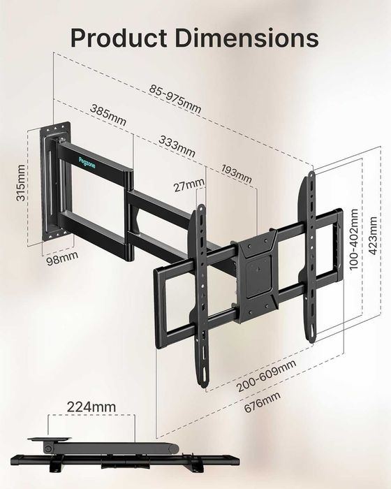 Pegzone поставка за телевизор/монитор (стенен монтаж), 37–86”, VESA до 600x400, удължена 975 мм, товар до 50 кг
