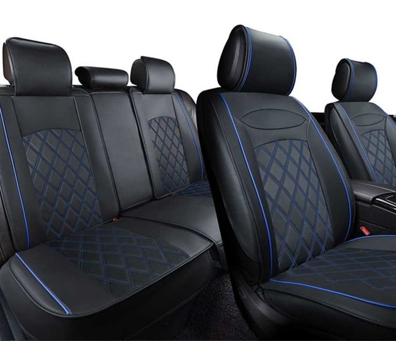 Комплект луксозна Кожена тапицерия за автомобил - Черен/Син шев.
