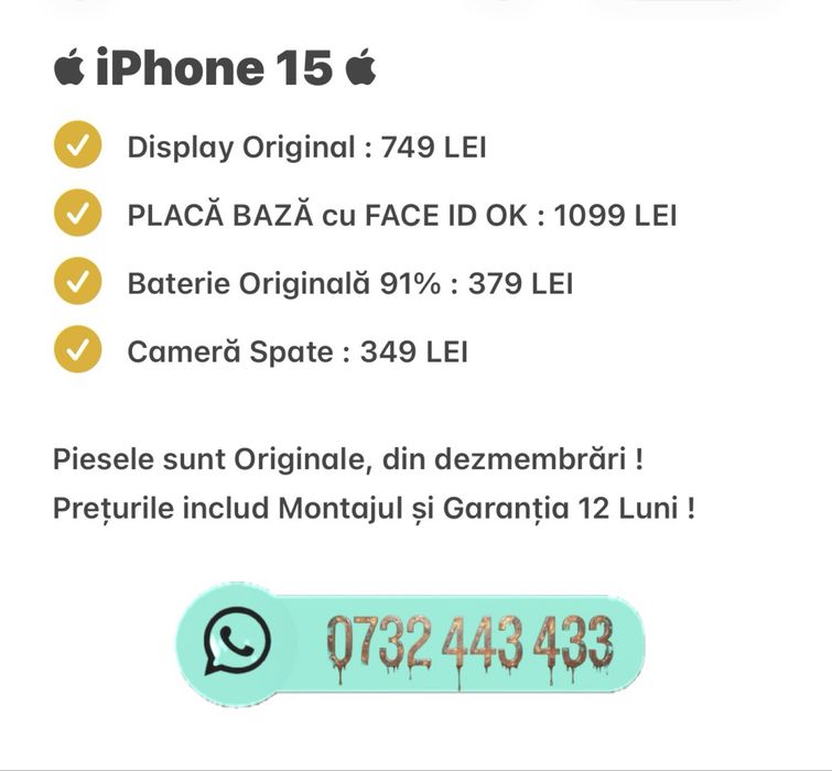  iPhone 15 *PLACĂ BAZĂ* 256 GB  Baterie 91% / Camere