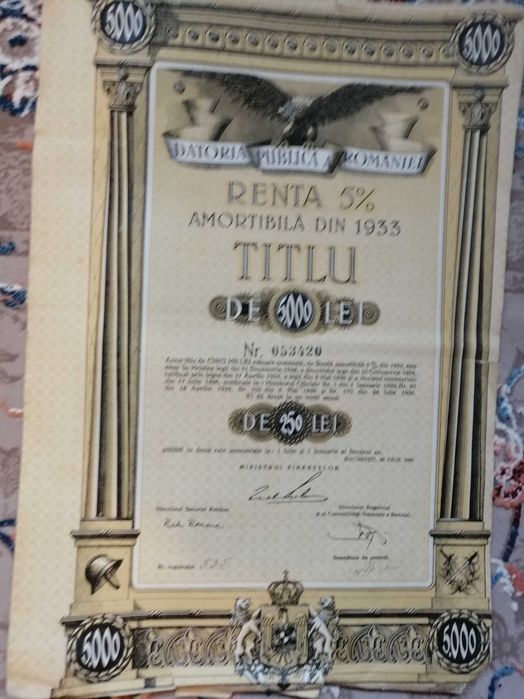 Renta 5% amortibila din 1933, titlu de 5000 si 10.000 lei