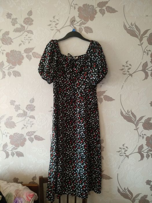 Платье сарафан белый с синими цветочками крестьянка