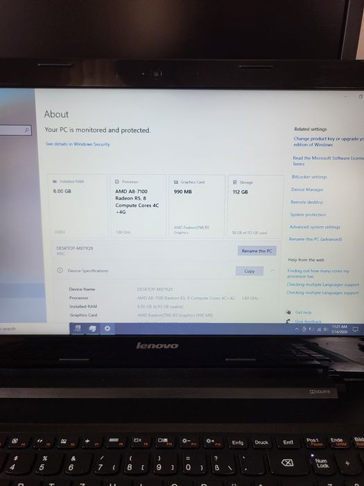 Laptop Lenovo  Z50 75 ,  A8-7100 , 8 GB  ram,  ssd 120 GB,  AMD R5 230 1 GB, 15.6"