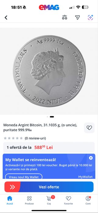Moneda Argint Bitcoin , 31.1035 g , (o uncie) , puritate 999.9‰