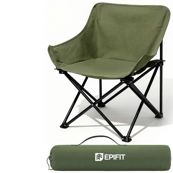 Сгъваем къмпинг стол EPIFIT зелен – Здрав, лек и удобен до 120 кг, метална конструкция и калъф за носене
