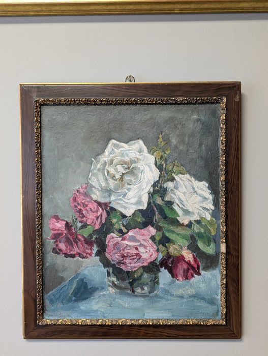 Pictura in ulei, natura statica cu flori, 45x39 cm, semnata si datata 1944