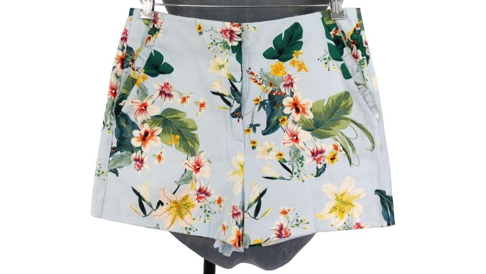 Zara къси сини панталонки с флорални мотиви и средно висока талия