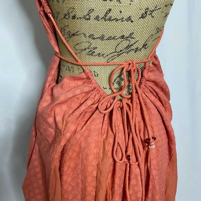 Free People Boho Maxi Dress S Coral V Neck Tie Back Textured Gathered Used