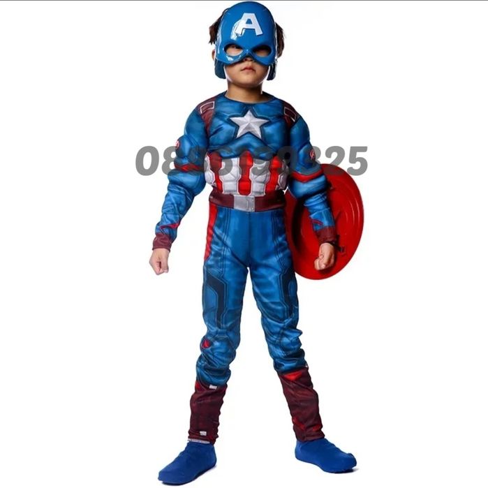 Детски костюм на Капитан Америка С мускули, маска и щит, Костюм за дец