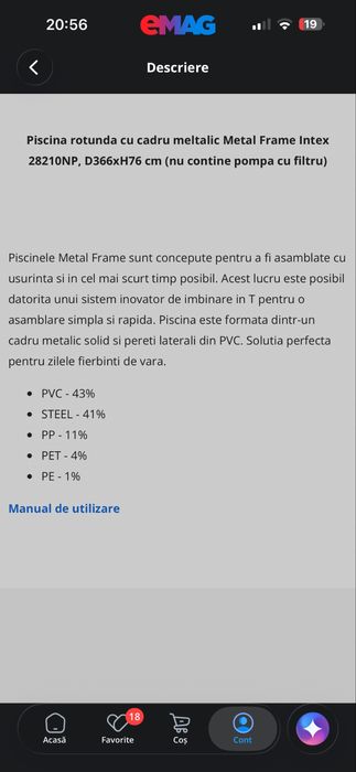 Piscina rotunda cu cadru meltalic Metal Frame Intex 28210NP, D366xH76 cm (nu contine pompa cu filtru)