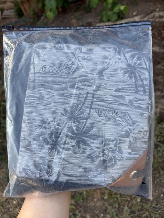 Sac cu snur/ rucsac cu snur gri deschis, imprimeu tropical cu palmieri (nou)