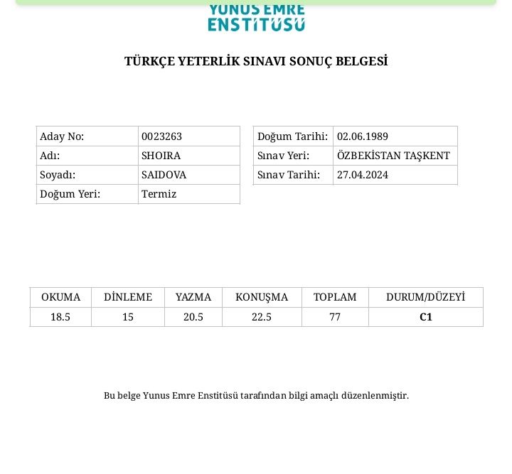 Turk tilini online 5ta C1 sertifikatiga ega tajribali ustoz bilan oʻrg