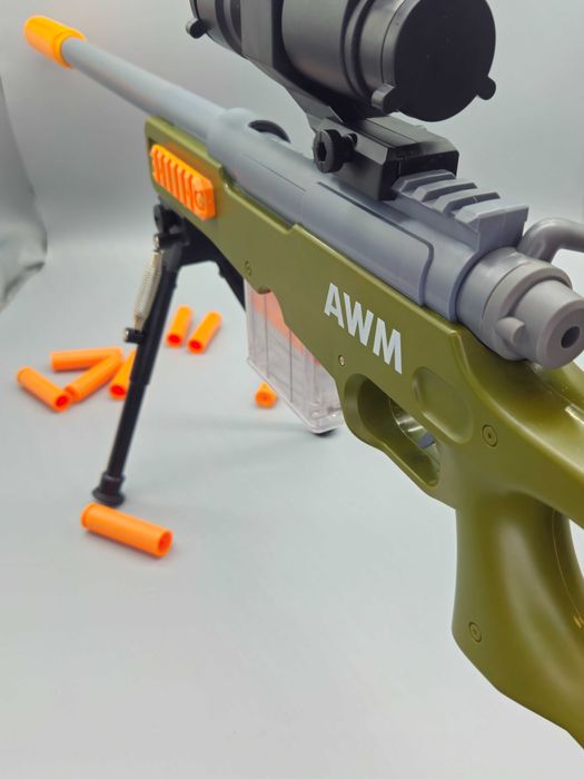 TOP! AGM MASTECH AWM детски бластер с меки дунапренени стрели, пълнители, мерник и стойка
