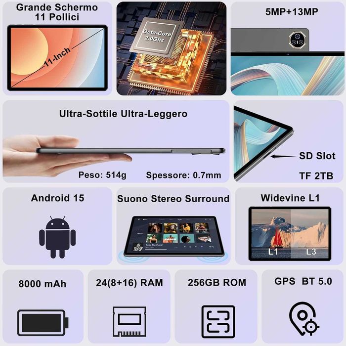 Таблет 2026 Android 15 с EVA силиконов защитен калъф, 24GB + 256GB/2TB