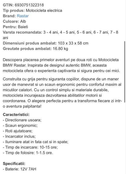 Motocicletă Mercedes noua  electrică pentru copii 3-8 ani